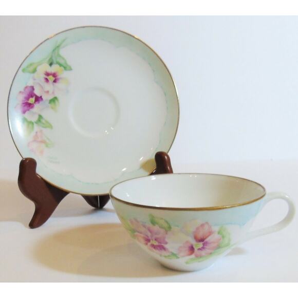 Aci Tea Cup & Saucer Set Porcelain Pansy Flower Hand Painted Signed Doris Frere - Picture 6 of 6